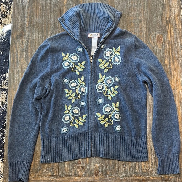 Tiara International Sweaters - Embroidered Zip-Front Cardigan Sweater in Denim Blue